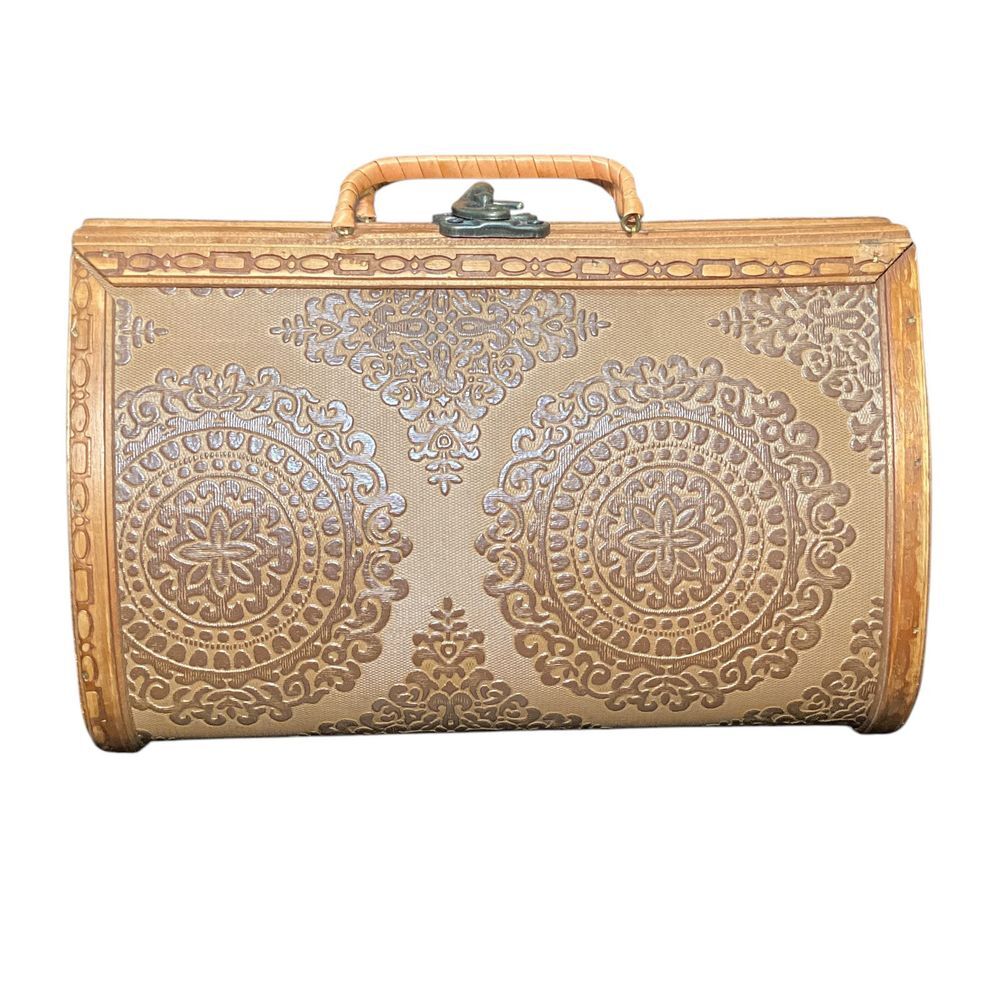1970s Vintage Embossed Wood Mini Train Case Keepsake Box